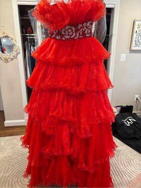 Sherri Hill DemiCouture Strapless Red Tiered Ruffle Ball Gown with Crystal Waist